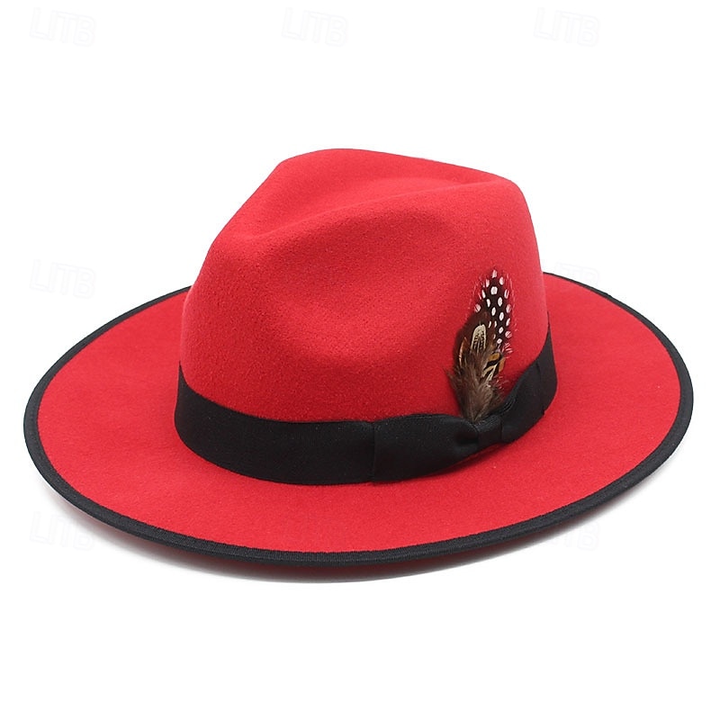 Men's Kentucky Derby Hat Sun Hat Cowboy Hat Fedora Trilby Hat Black Red Woolen Vintage Style Fashion 18th Century State of Texas Daily Theme Party Color Block Sunscreen Cosplay2