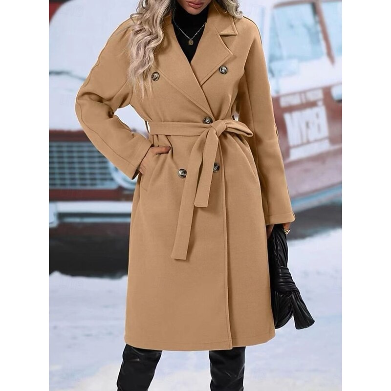Women's Winter Coat Outdoor Street Daily Fall Winter Regular Coat Regular Fit Warm Breathable Comtemporary Stylish Jacket Long Sleeve Solid Color with Pockets With Belt Black Red Khaki4