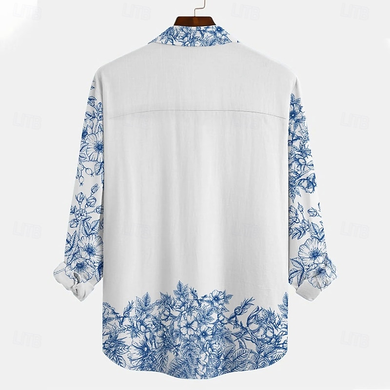 Men's Floral Casual Shirt Button Up Shirt Aloha Shirt Long Sleeve Casual Resort Causal Casual Spring Fall Turndown Button Up Pocket Blue2
