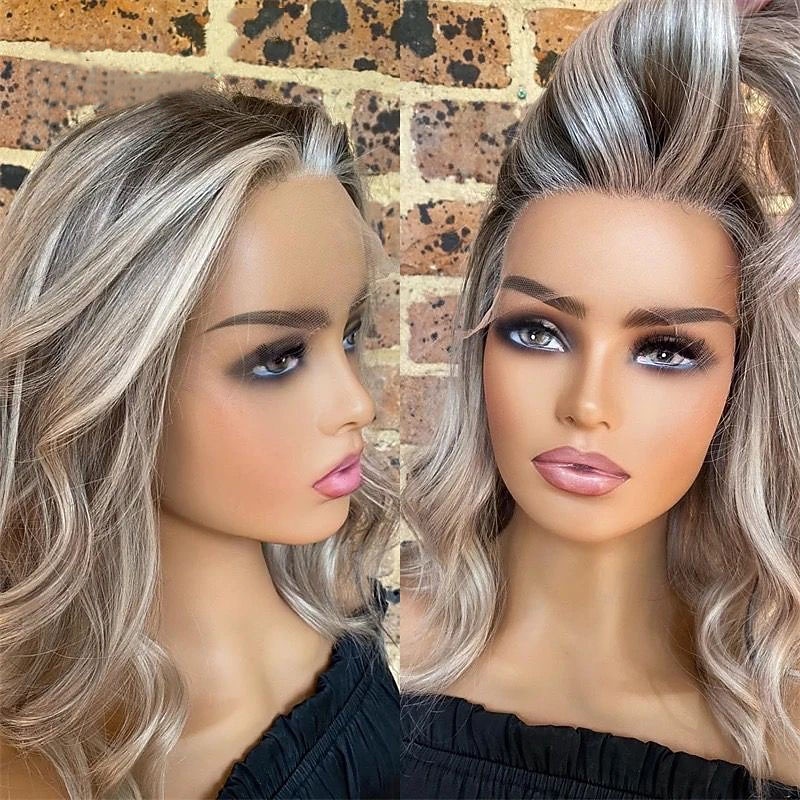 Remy Human Hair 5x5 Closure 13x4 Lace Front Wig Short Bob Layered Haircut Brazilian Hair Wavy Multi-color Wig 130% 150% Density with Baby Hair Highlighted / Balayage Hair 100% Virgin Glueless4