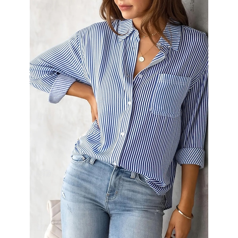 Women's Shirt Blouse Striped Basic Casual Long Sleeve Shirt Collar Regular Tops Daily Buttons Print Pink Blue Purple Gray Summer Spring