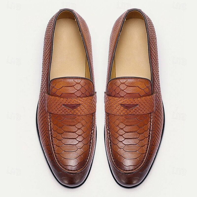 Men's Brown Premium Cowhide Leather Loafers with Textured Snake Skin Design, Slip-On Comfort, Stylish and Versatile for Casual and Formal Occasions4