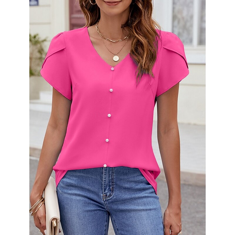 Women's Shirt Blouse Solid Color Basic Casual Short Sleeve V Neck Regular Tops Daily Beaded Black Sky Blue Fuchsia Summer Spring4
