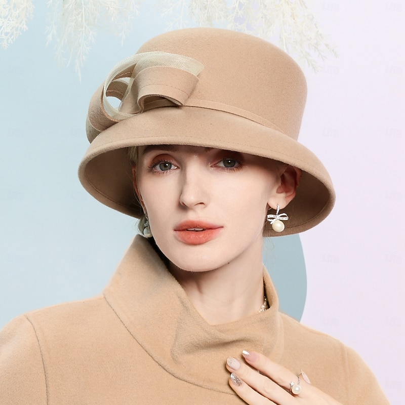 Hats 100% Wool Bowler / Cloche Hat Bucket Hat Wedding Tea Party Elegant Wedding With Bowknot Splicing Headpiece Headwear2
