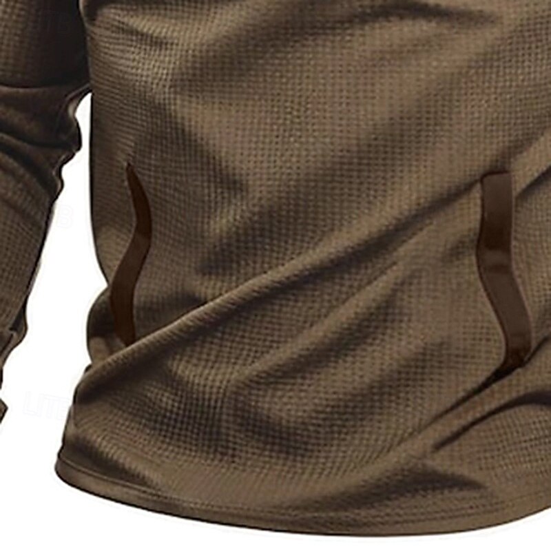 Men's T Shirt Waffle Knit Tee Quarter Zip Tee Long Sleeve Stand Collar Quarter Zip Spring Fall Spring &  Fall Solid Color Knitwear Vintage Daily Patchwork Pocket Outdoor Causal Casual Black khaki Top3