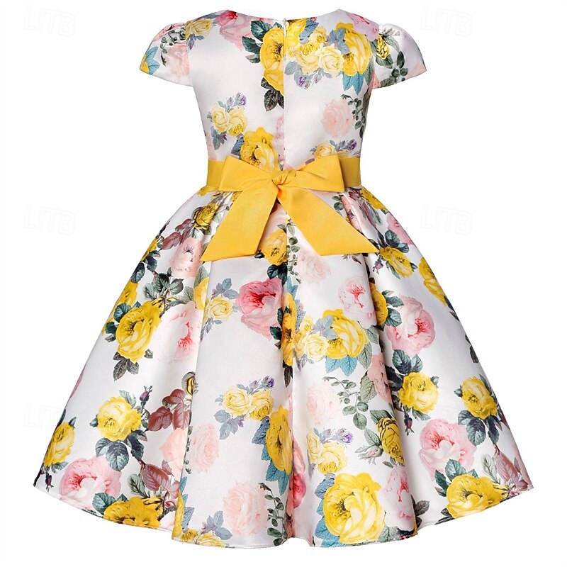 Kids Girls' Party Dress Flower Short Sleeve Performance Birthday Tie Knot Beautiful Sweet Cotton Maxi Party Dress Swing Dress A Line Dress Summer 4 years+ Yellow Pink Red4