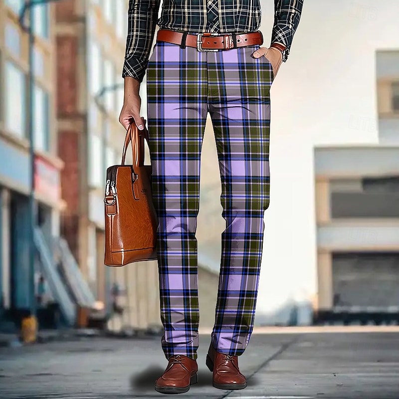 Men's Geometric Color Block Plaid / Check Dress Pants Mid Waist Casual Outdoor Home Dailywear Zipper Pocket Summer Spring Fall 3D Print Yellow Red Blue2