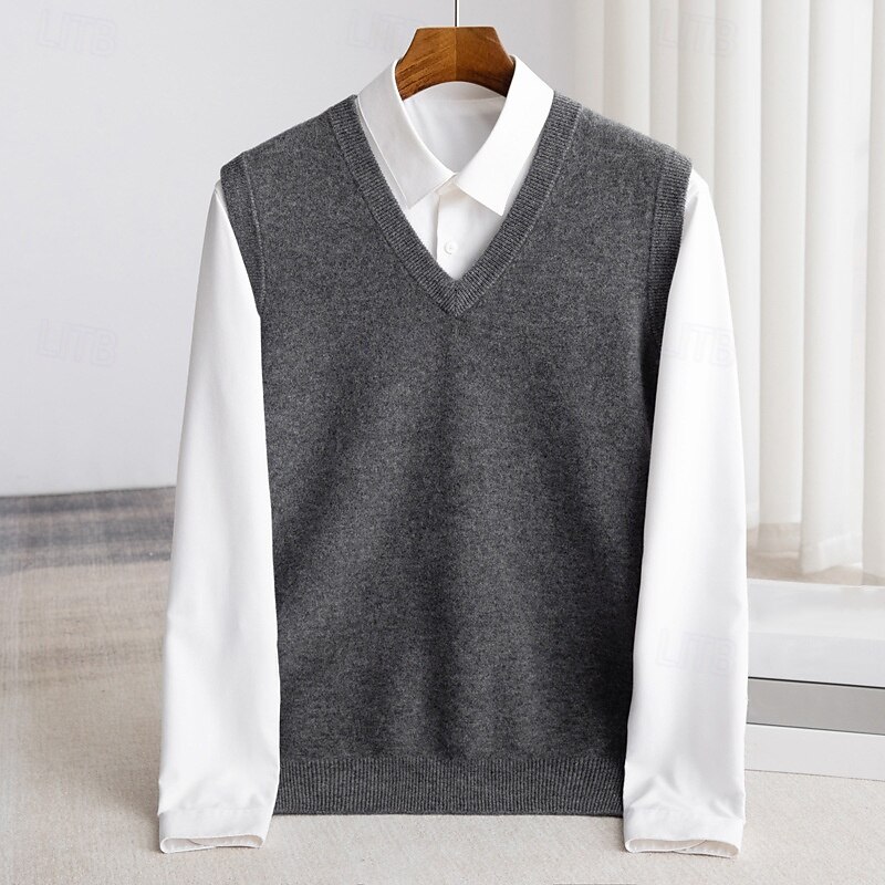 Men's 100% Merino Wool Sweater Vest Knit Solid Color V Neck Knitwear Elegant Outdoor Home Clothing Apparel Spring Fall Wine Red Black S M L2