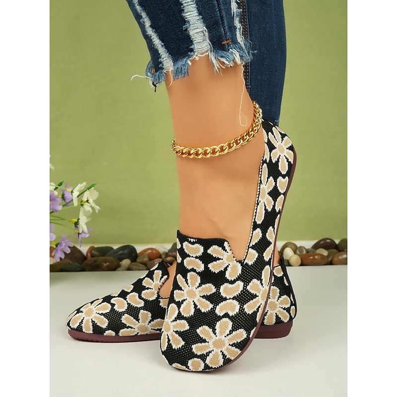 Women's Breathable Black Floral Slip-On Barefoot Flats with Soft Sole - Perfect for Everyday Wear