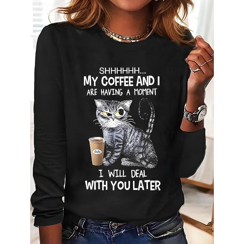 Women's 100% Cotton Tunic T Shirt Fashion Casual Print Long Sleeve Regular Tops Crew Neck Daily Black White Spring Fall Prefall4