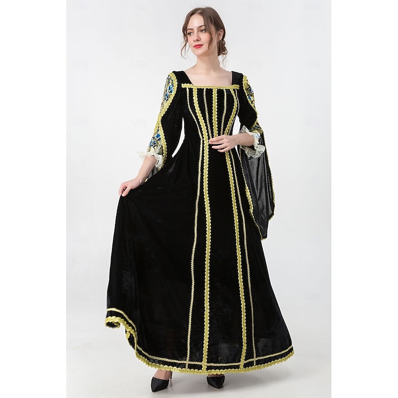 Medieval Renaissance Vintage Dress Maxi Dress Bell Sleeve Queen Viking Solid Color Square Neck Fancy Dress Women's Royal Halloween Carnival Masquerade Prom Festival Adults' Dress Spring Fall2