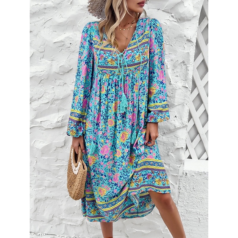 Women's Midi Dress Casual Dress Swing Dress A Line Dress Boho Dress Bohemia Vintage Casual Vacation Daily Regular Fit Floral Long Sleeve V Neck Red Navy Blue Blue Spring Fall3