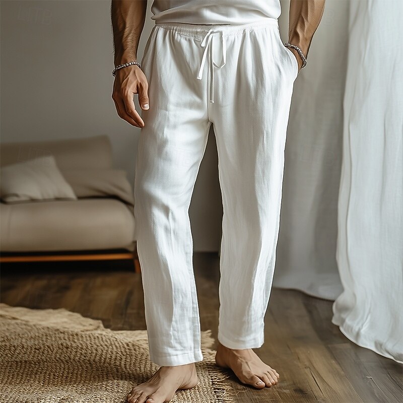 Men's Linen Pants Trousers Summer Pants Beach Pants Drawstring Elastic Waist Plain Comfort Breathable Full Length Home Casual Daily Fashion Classic Style Black White