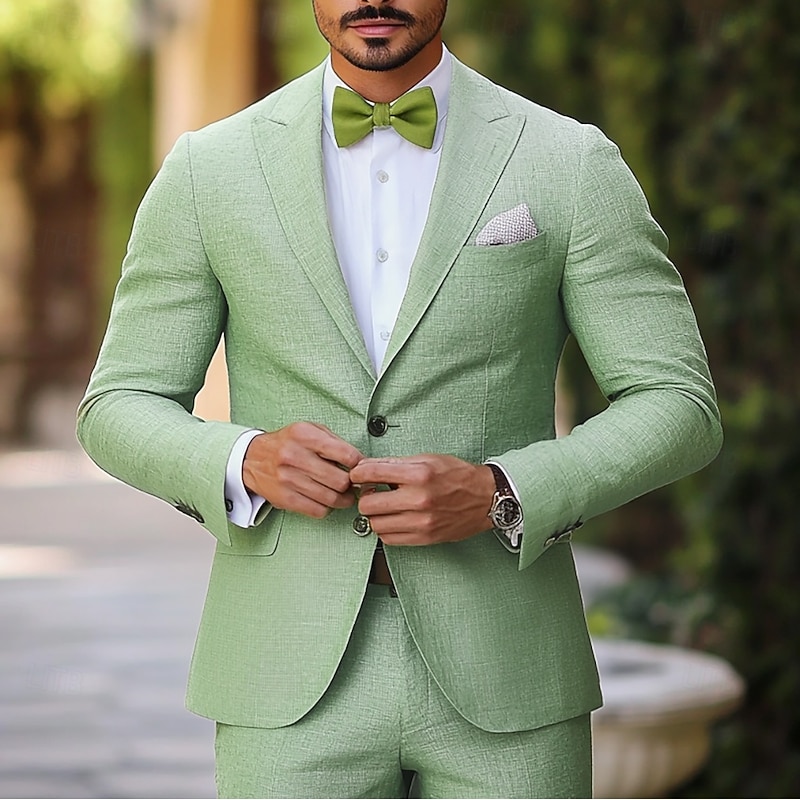 Men's Party Linen Suits Peaked Lapel Sage Solid Colored Standard Fit 2 Piece Single Breasted Two-buttons2