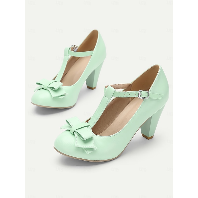 Women's Mint Green T-Strap Mary Jane Heels with Bow Detail - Vintage Style Pumps for Parties and Formal Occasions2