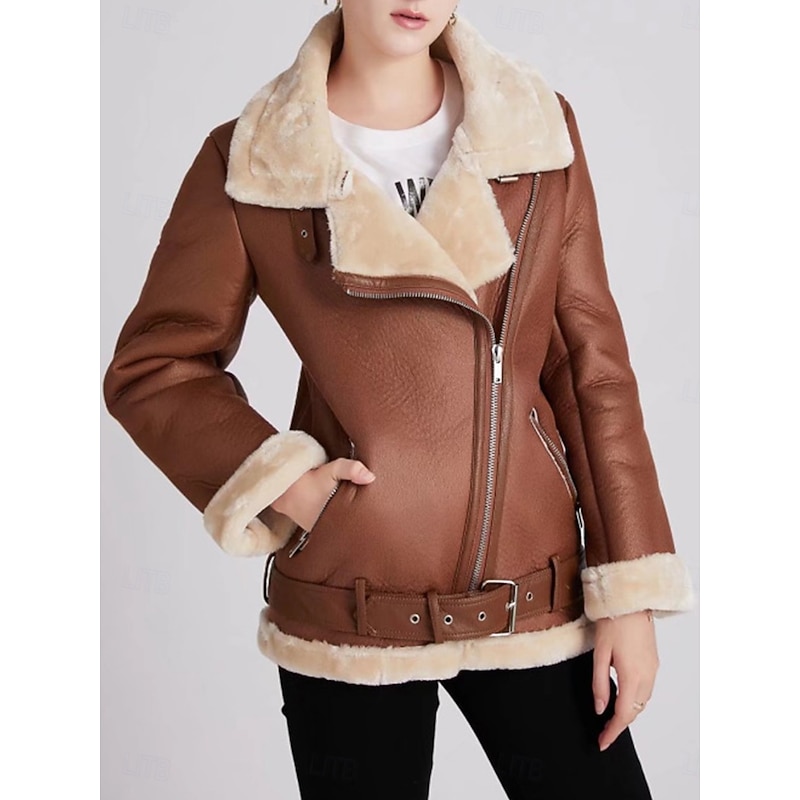 Women's Faux Leather Jacket Winter Coat Winter Jacket Windproof Warm Patchwork Fashion Solid Color Street Casual Daily Regular Turndown Regular Fit Long Sleeve Outerwear Black Brown Fall Winter3