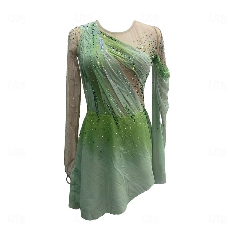 Figure Skating Dress Women's Girls' Ice Skating Dress Forest Green Red Sky Blue Patchwork Thumbhole Mesh Spandex Stretchy Training Practice Professional Skating Wear Crystal / Rhinestone Long Sleeve