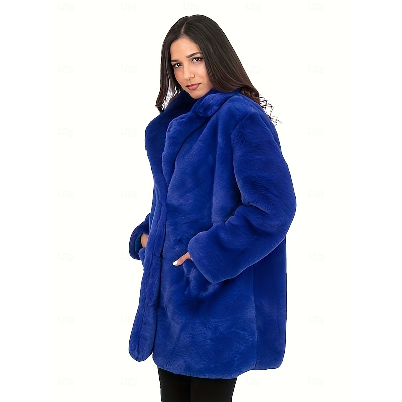 Women's Faux Fur Coat Warm Comfortable Pocket Knitting Elegant Fashion Daily Sweet Solid Color Home Casual Daily Wear Casual Daily Single Breasted Regular Lapel Slim Long Sleeve Outerwear Black White3