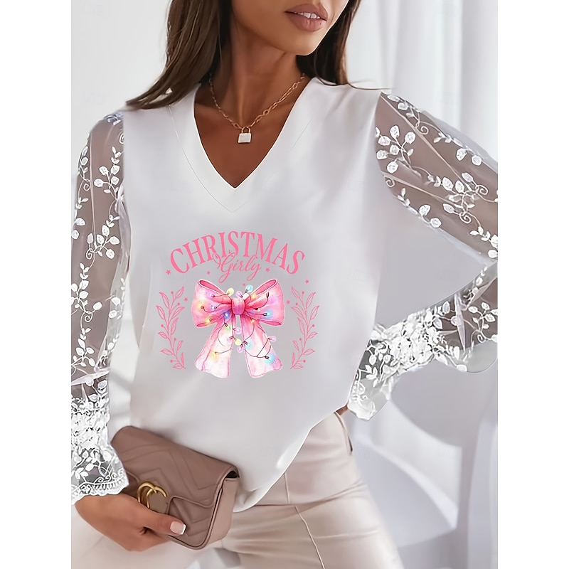 Women's Valentine Heart T Shirt  Lace Splicing Top Elegant Fashion Cute Heart Graphic Regular Tops Long Sleeve Lantern Sleeve V Neck Lace Patchwork Regular Fit Party Valentine's Day
