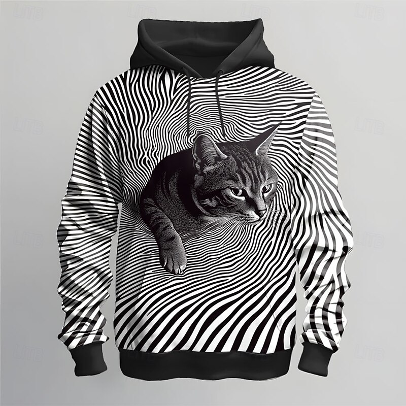Men's Animal Optical Illusion Hoodies Sweatshirt Ethnic Cowboy Long Sleeve Crew Neck Holiday Streetwear Black White Drawstring Fall Winter Designer2