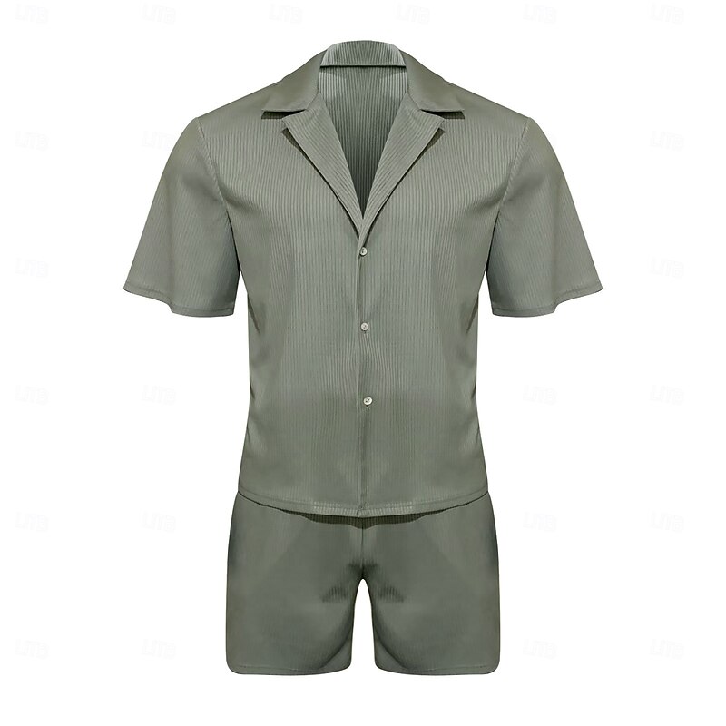 Men's 2 Piece Shirt Set Summer Set Matching Sets Casual Shirt Corduroy Shirt khaki Gray Short Sleeve Plain Collar Vacation Daily Clothing Apparel Fashion Casual Comfortable4