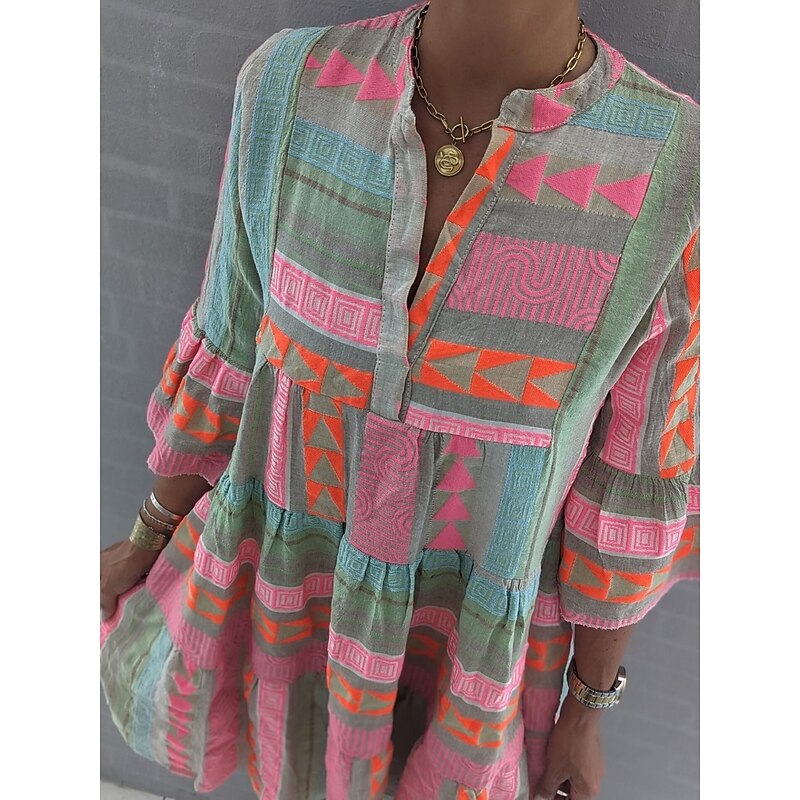 Women's Mini Dress Petite Dress Casual Dress Swing Dress Boho Dress Casual Daily Regular Fit Geometric 3/4 Length Sleeve V Neck Pink Summer Spring Fall4