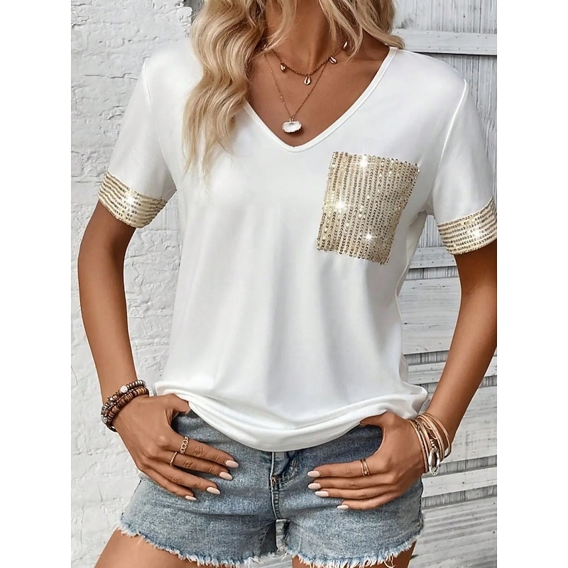 Women's Blouse Solid Color Basic Casual Short Sleeve V Neck Regular Tops Daily Sequins Patchwork Pocket Black White Summer Spring