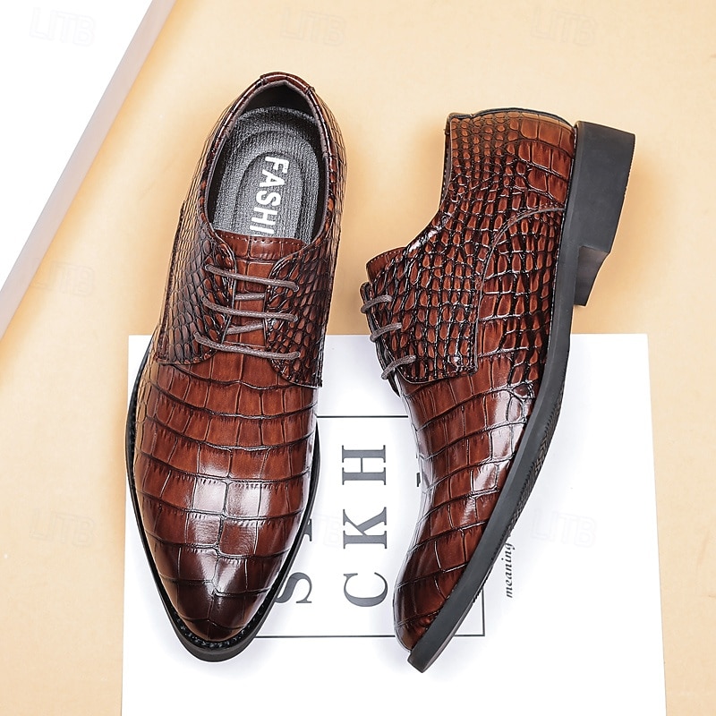 Men's Brown Crocodile Pattern Faux Leather Dress Shoes – Lace-Up Formal Footwear with Textured Design for Business and Weddings4