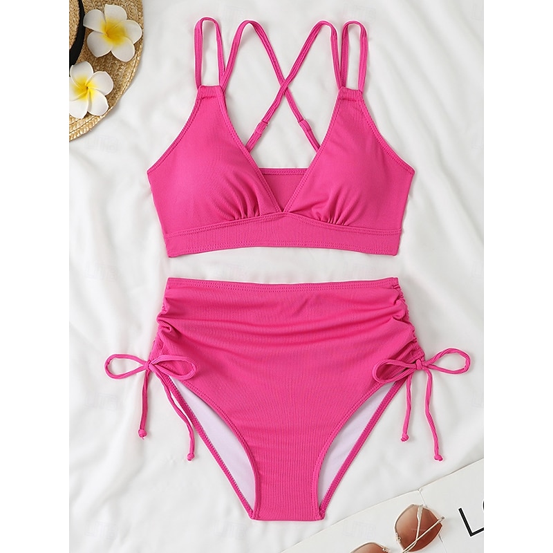 Women's Swimwear Bikini Cheeky Swimsuit Backless Patchwork Sexy Solid Color V Neck Sleeveless Bathing Suits3