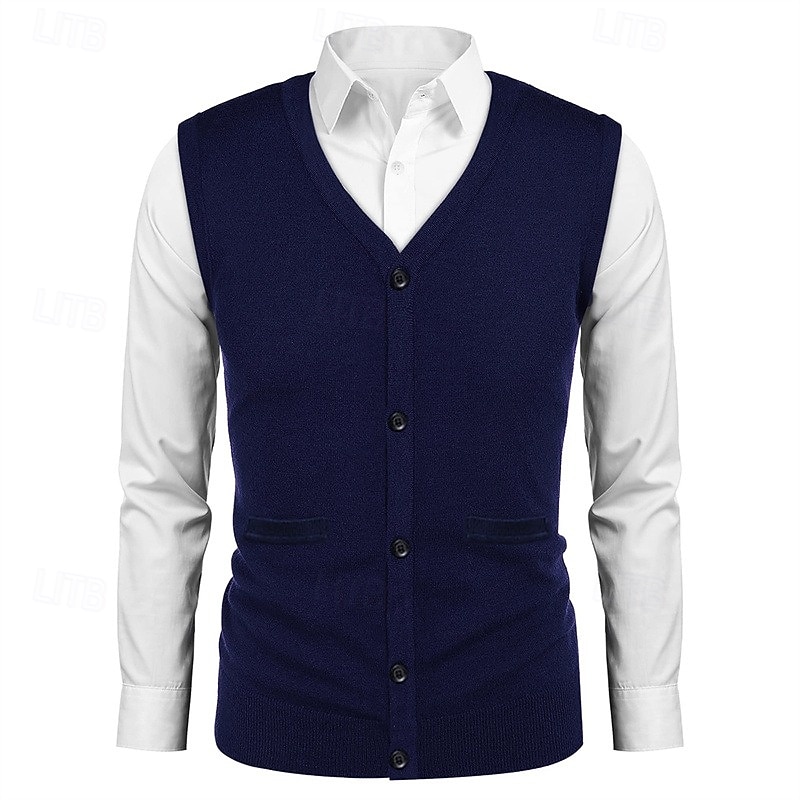 Men's Sweater Vest Dress Sweater Knit Knitted Solid Color V Neck Stylish Vintage Style Daily Wear Clothing Apparel Fall Winter Red Dark Navy S M L3