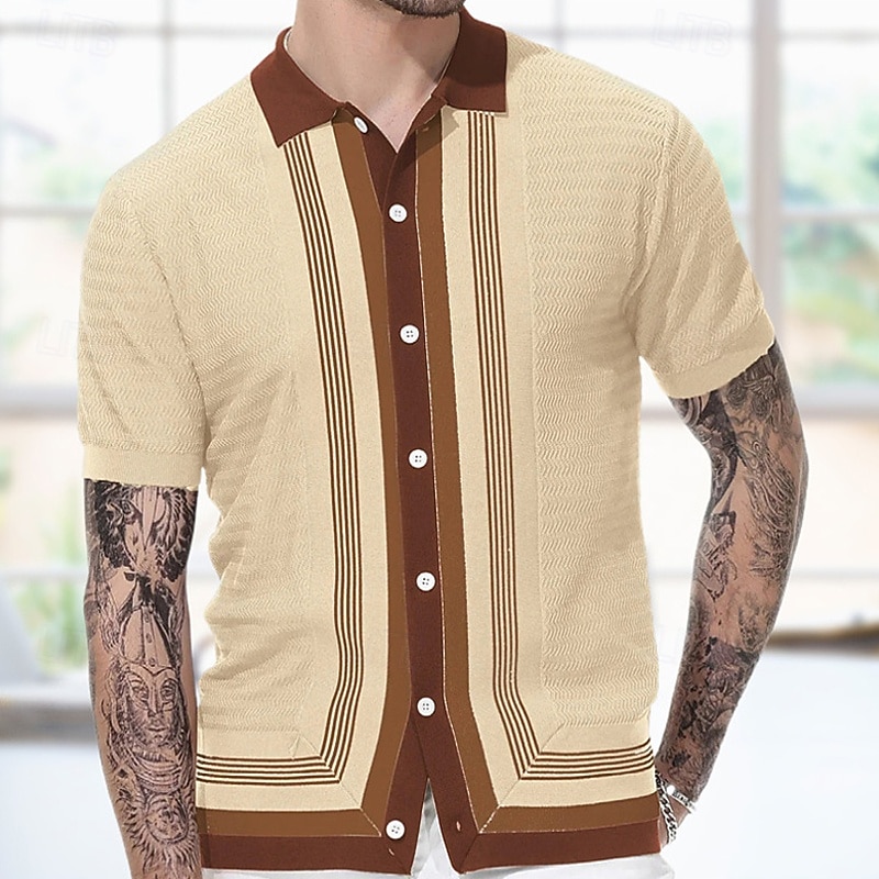 Men's Button Up Polos Golf Shirt Casual Sports Lapel Short Sleeve Fashion Basic Stripes Patchwork Buttons Summer Navy Blue Green Apricot Button Up Polos2