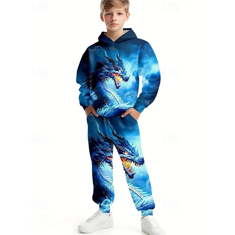 Boys 3D Graphic Dragon Hoodie & Sweatpants Set Sports Suit Tracksuits Long Sleeve Spring Fall Daily Basic Casual Kids 4-12 Years Hooded Outdoor Vacation Sports Tailored Fit3