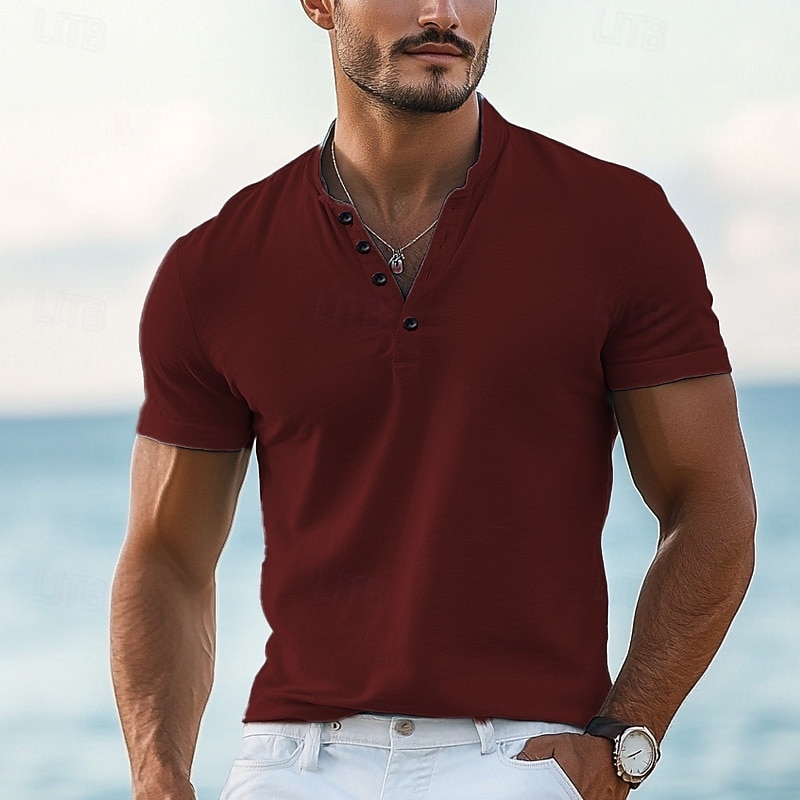 Men's T shirt Henley Shirt Tee Top Short Sleeves Plain Designer Basic Modern Contemporary Buttons Henley Vacation Street Going out Summer Wine Black White Henley T-Shirt3