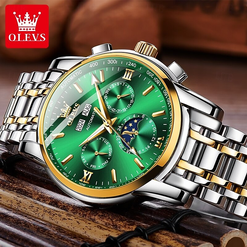 OLEVS Men Mechanical Watch Fashion Casual Business Wristwatch Automatic Self-winding Moon phase Luminous Calendar Steel Watch3