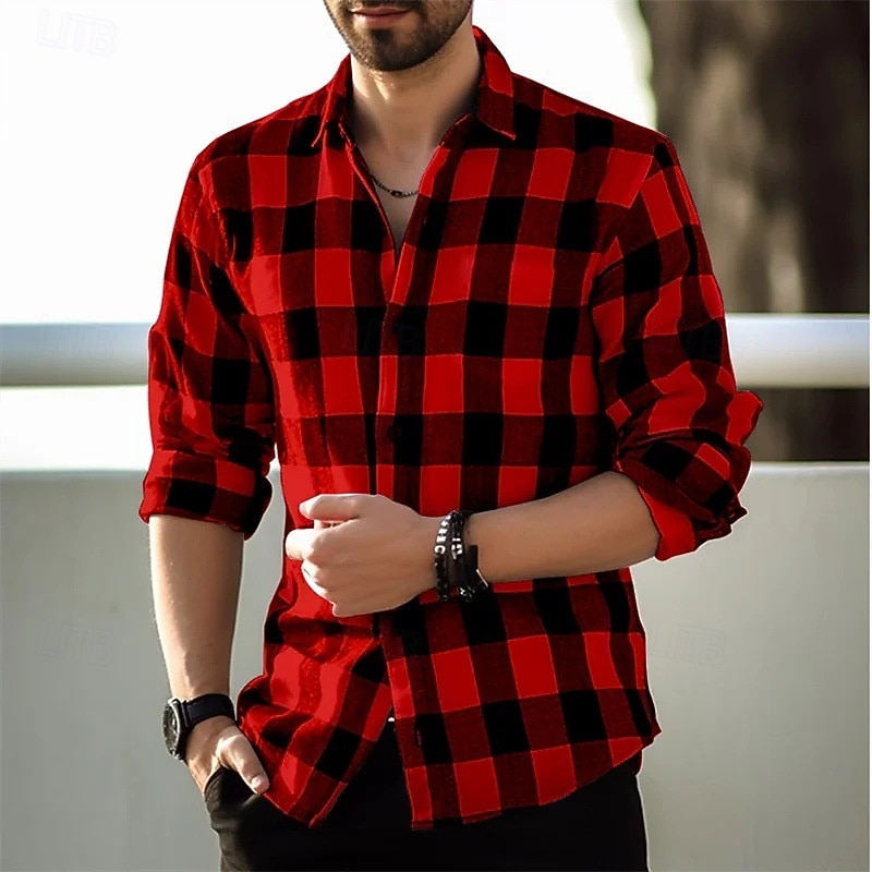 Men's Plaid Shirt Button Up Shirt Checked Shirts Black Yellow Red Purple Dark Blue Long Sleeve Plaid Lapel Vacation Casual Buckle Clothing Apparel Polyester Fashion2
