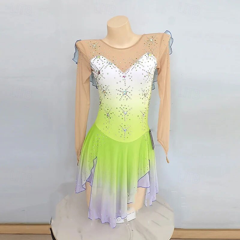 Figure Skating Dress Women's Girls' Ice Skating Dress White Green Patchwork High Elasticity Training Competition Skating Wear Classic Crystal / Rhinestone Long Sleeve Ice Skating Figure Skating