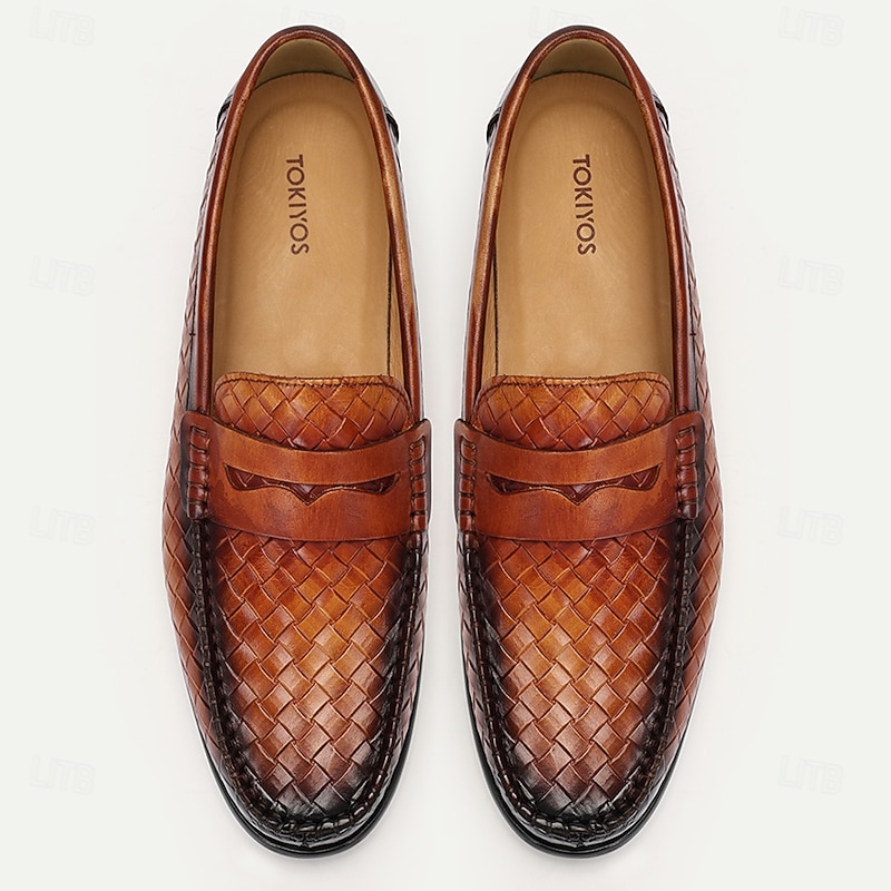 Men's Premium Cowhide Leather Woven Loafers with Stylish Accent – Comfortable Formal Footwear for Business and Special Occasions4