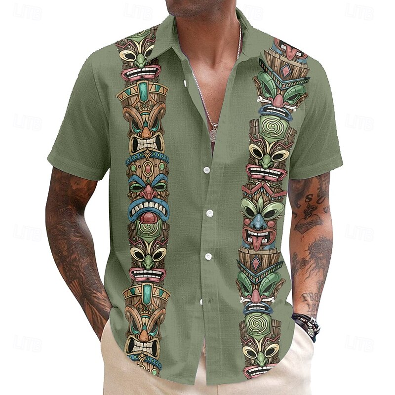 Men's Mask Bandana Print Tiki Casual Shirt Button Up Shirt Aloha Shirt Short Sleeve Tribal Holiday Summer Spring Turndown Button Up Black Pink Blue Green2
