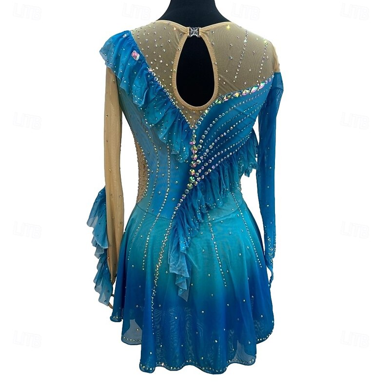 Figure Skating Dress Women's Girls' Ice Skating Dress Red Royal Blue Patchwork Thumbhole Mesh Spandex Stretchy Training Practice Professional Skating Wear Crystal / Rhinestone Long Sleeve Figure3