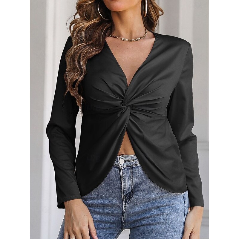 Women's Shirt Elegant Dressy Satin Solid Color Elegant Modern Casual Long Sleeve V Neck Regular Tops Wedding Guest Work Daily Twisted Knot Black White Summer Spring3