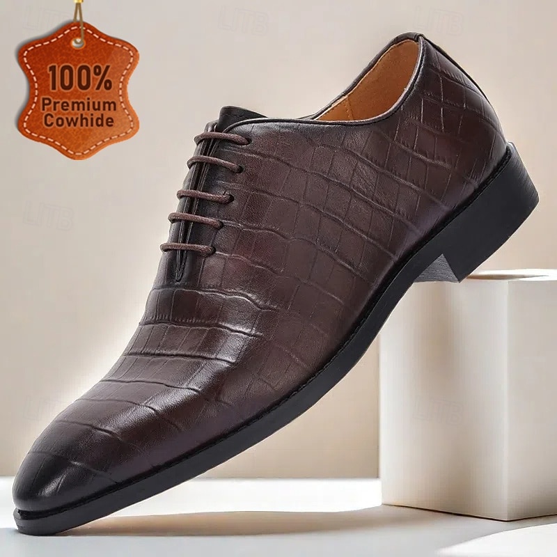 Men's Premium Cowhide Crocodile Print Oxford Shoes, Stylish Lace-Up Formal Footwear for Business and Special Occasions - Main Image
