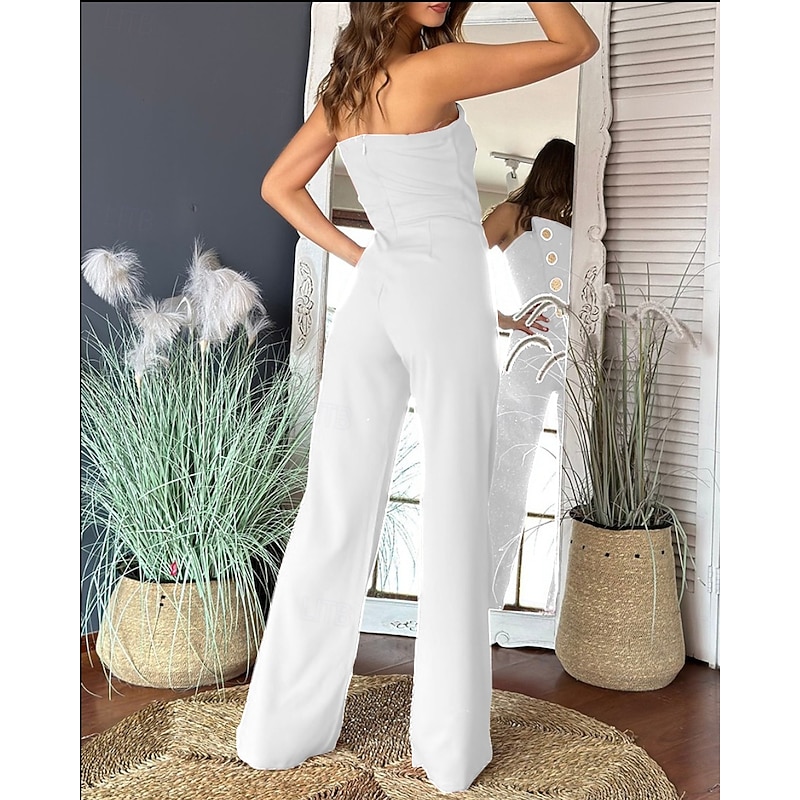 Women's Normal Jumpsuit Elegant Solid Color Sleeveless Wide Leg Strapless Buttons Daily Regular Fit Black White Red Summer2