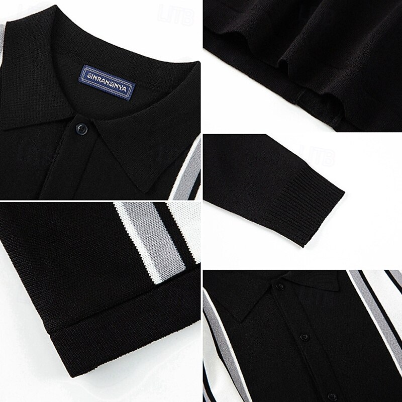 Men's Button Up Polos Golf Shirt Casual Sports Lapel Long Sleeve Fashion Basic Color Block Stripes Patchwork Buttons Spring Fall Black Apricot Button Up Polos4