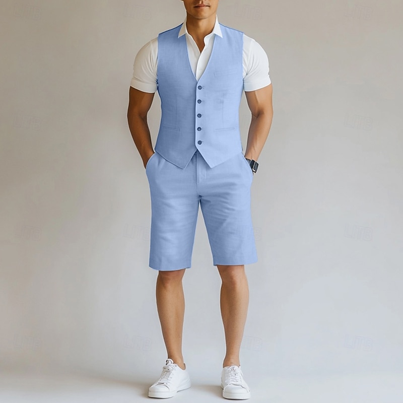 Men's Wedding Casual Linen Suits Navy Blue Sky Blue Solid Colored Tailored Fit 2 Piece