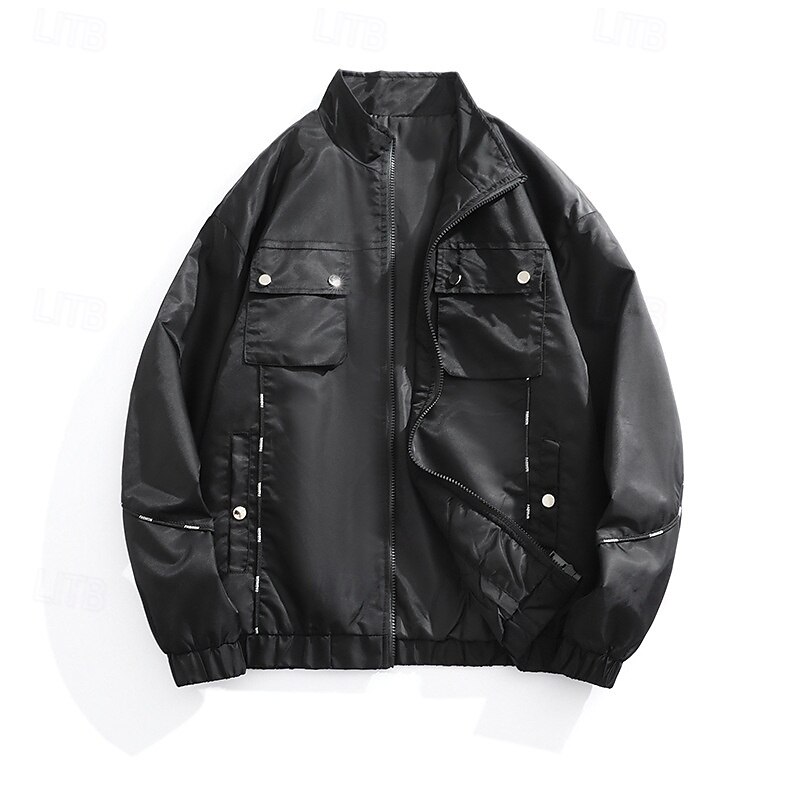 Men's Hiking Jacket Cargo Jacket Outdoor Windproof Windbreaker Jacket Traveling Black Light Black2