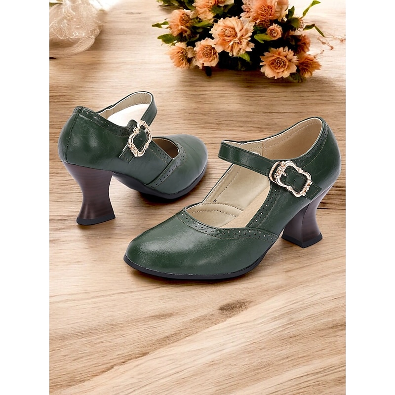 Women's Vintage Gatsby Green faux Leather Mary Jane Pumps for  Mid-Heel Dress Shoes with Brogue Detailing and Buckle Strap, Ideal for Office, Formal Events, and Retro Style Outfits