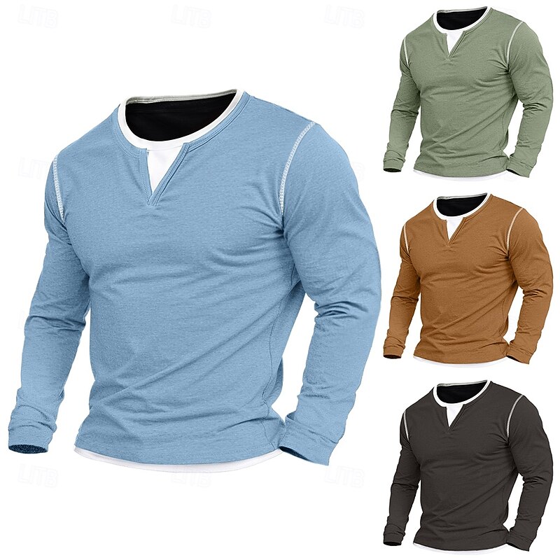 100% Cotton Men's Shirt V Neck Tee Long Sleeve Shirt Solid Color Patchwork V Neck Outdoor Street Long Sleeve Fake two piece Clothing Apparel Daily Casual Street Style