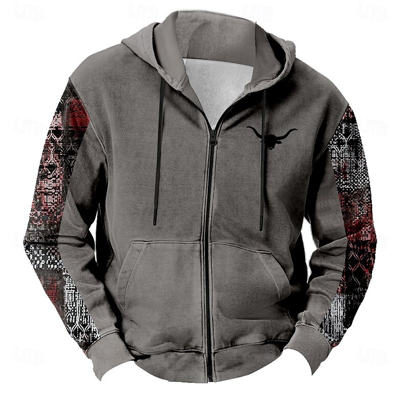 Men's Cow Camo Hoodies Fashion Daily Long Sleeve Hooded Vacation Hunting Khaki Gray Drawstring Zipper Fall Winter Designer - Main Image