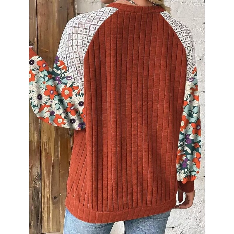 Women's Shirt Blouse Floral Stylish Casual Long Sleeve Crew Neck Regular Tops Daily Patchwork Print Red Green Summer Spring Fall4