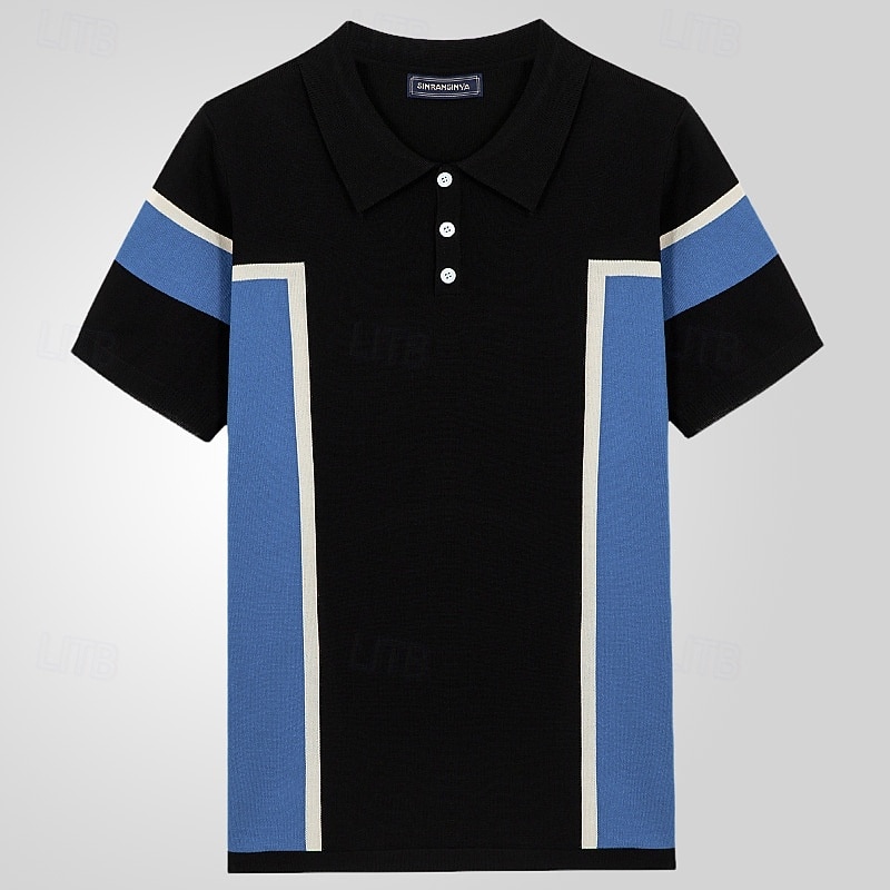 Men's Button Up Polos Golf Shirt Casual Sports Lapel Short Sleeve Fashion Basic Color Block Patchwork Buttons Summer Black Button Up Polos2